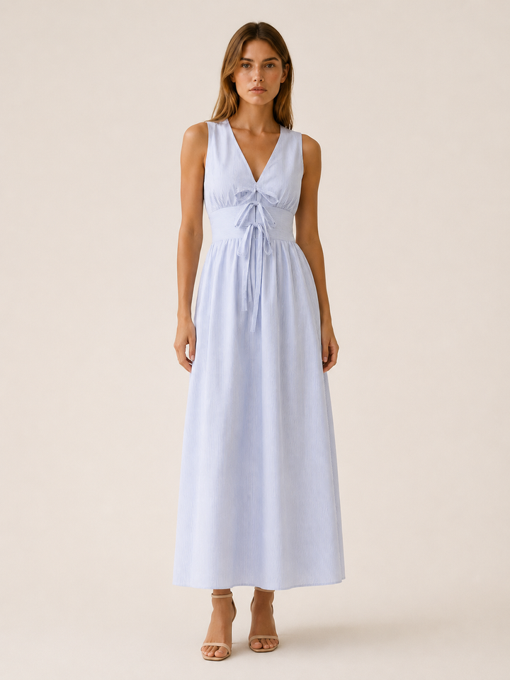 Blue Maxi Dress with V Neck and Tie Front – front view