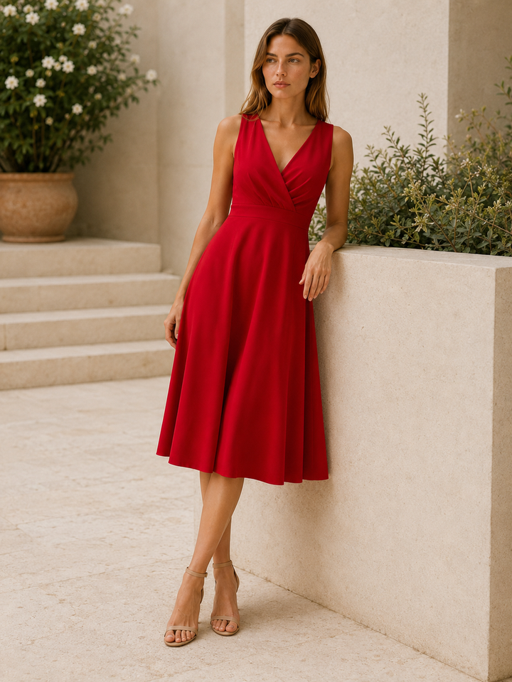 Red V Neck Midi Dress with A-Line Skirt – close-up