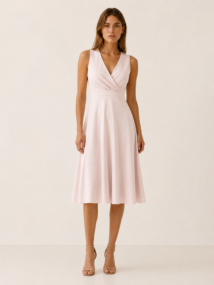 Apricot V Neck Midi Dress with A-Line Skirt – lifestyle