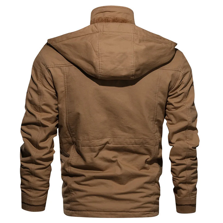 Rust brown Survival cotton jacket, side view showing fit