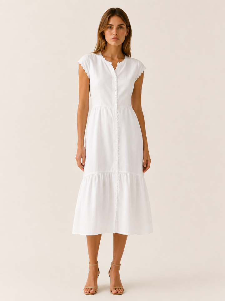 White Midi Dress with Lapel Detail – front view