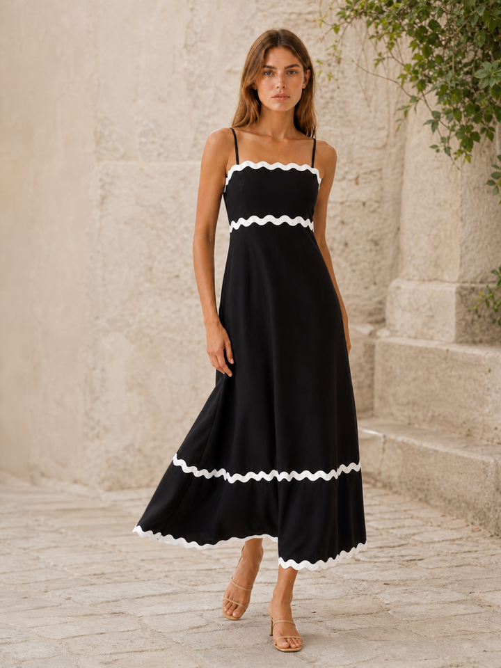 White Blue Scalloped Maxi Dress with Ric Rac Trim – back view