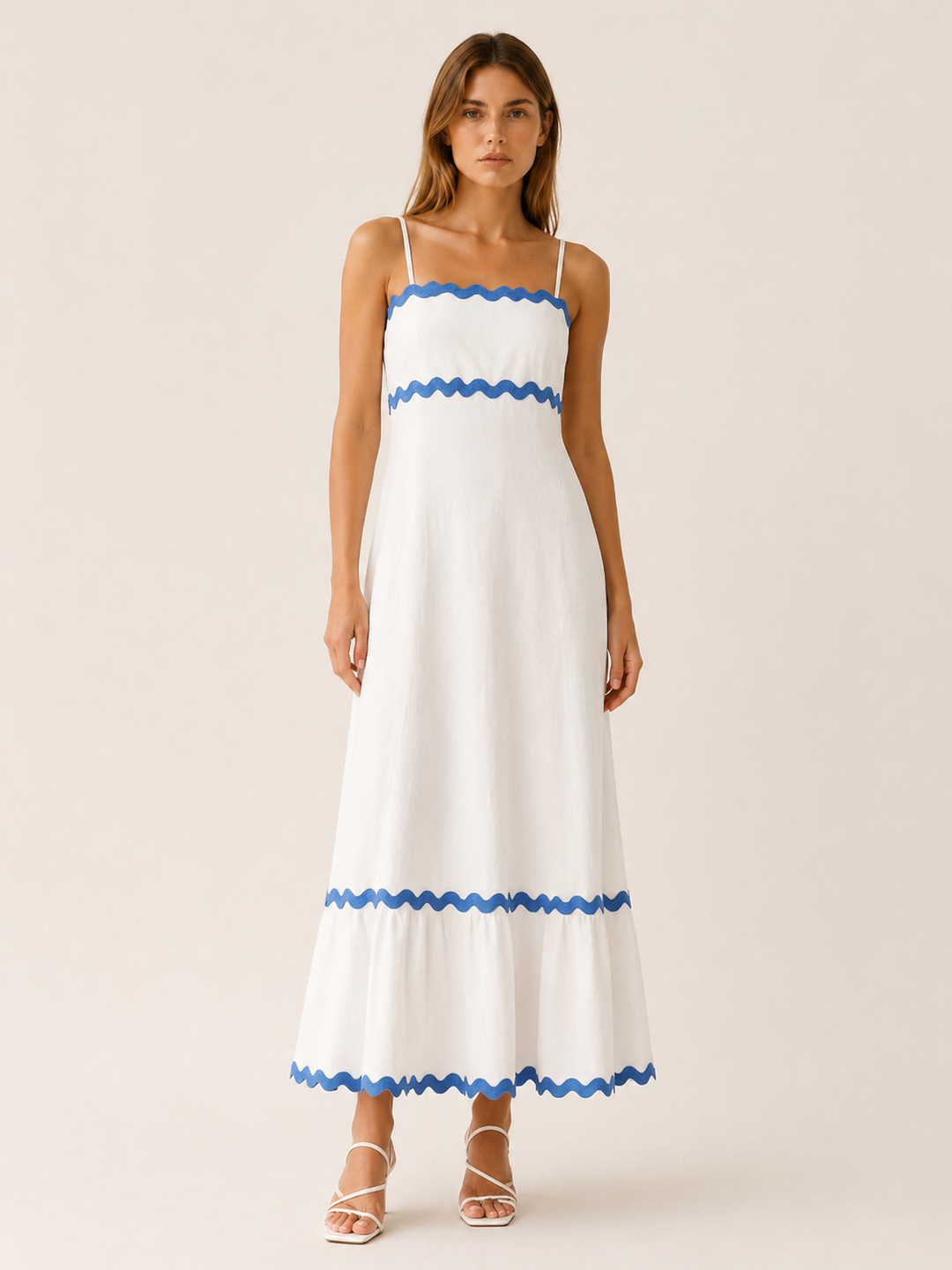 White Blue Scalloped Maxi Dress with Ric Rac Trim – detail view