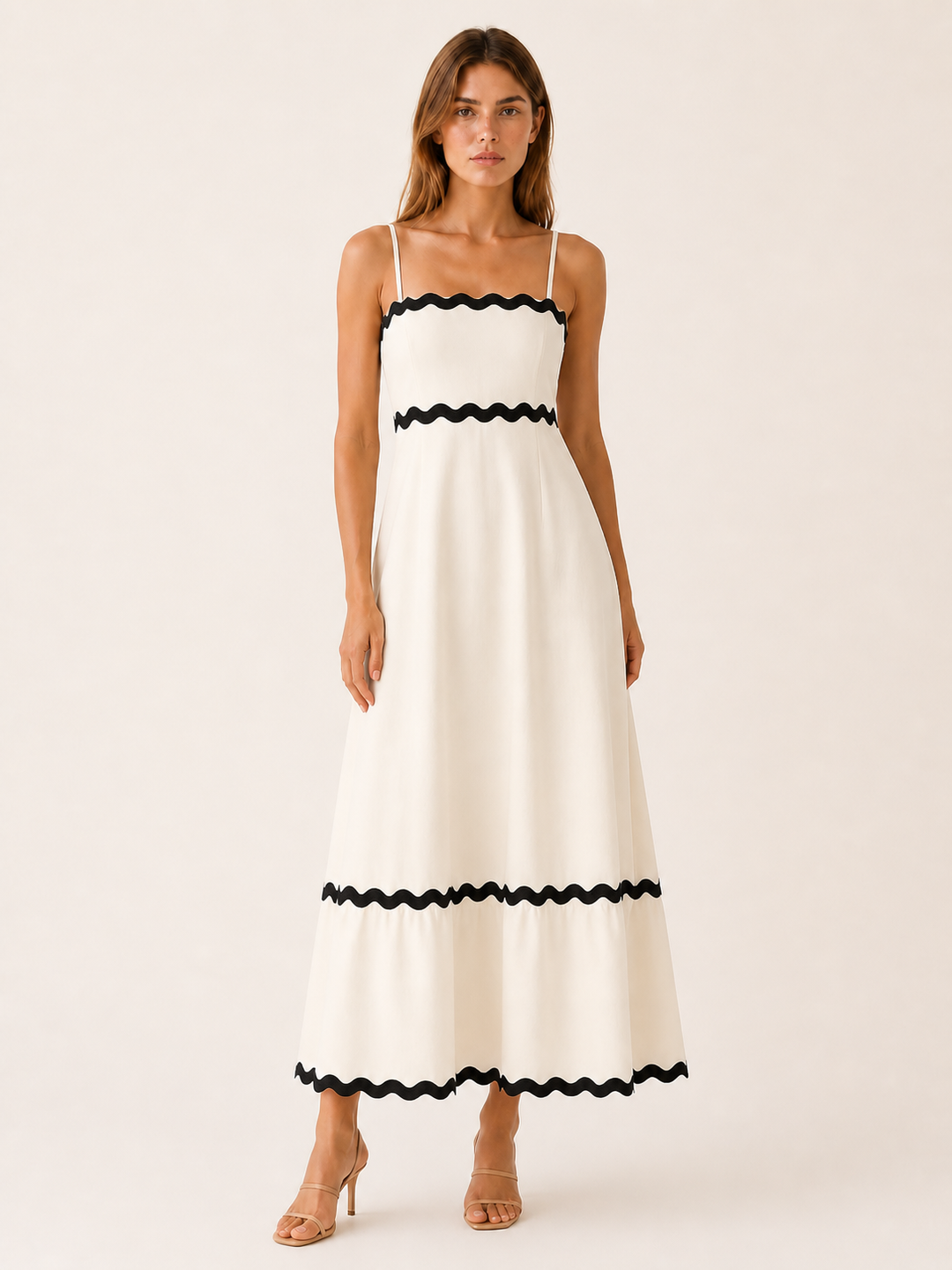 White Blue Scalloped Maxi Dress with Ric Rac Trim – close-up