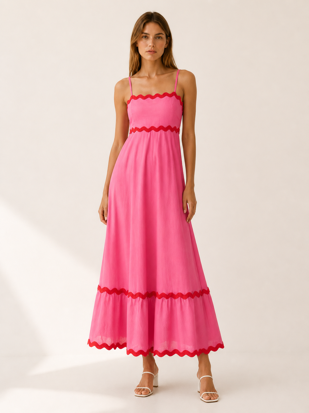 White Blue Scalloped Maxi Dress with Ric Rac Trim – lifestyle
