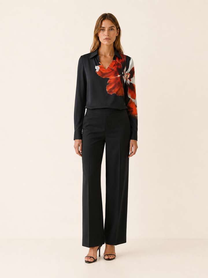 Black Floral Satin Top with Draped Neckline – front view
