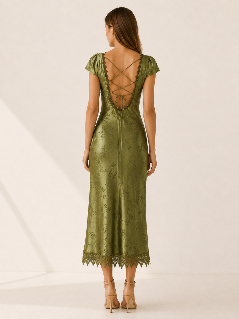 Green Satin Maxi Dress with Lace Trim – side view