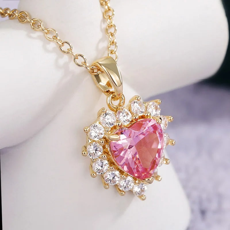 Vintage Gold & Pink Crystal Heart Necklace