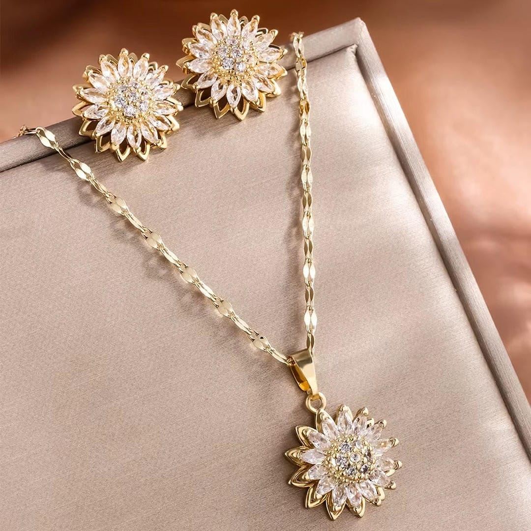 Main shot of the sunflower zircon necklace and earrings set