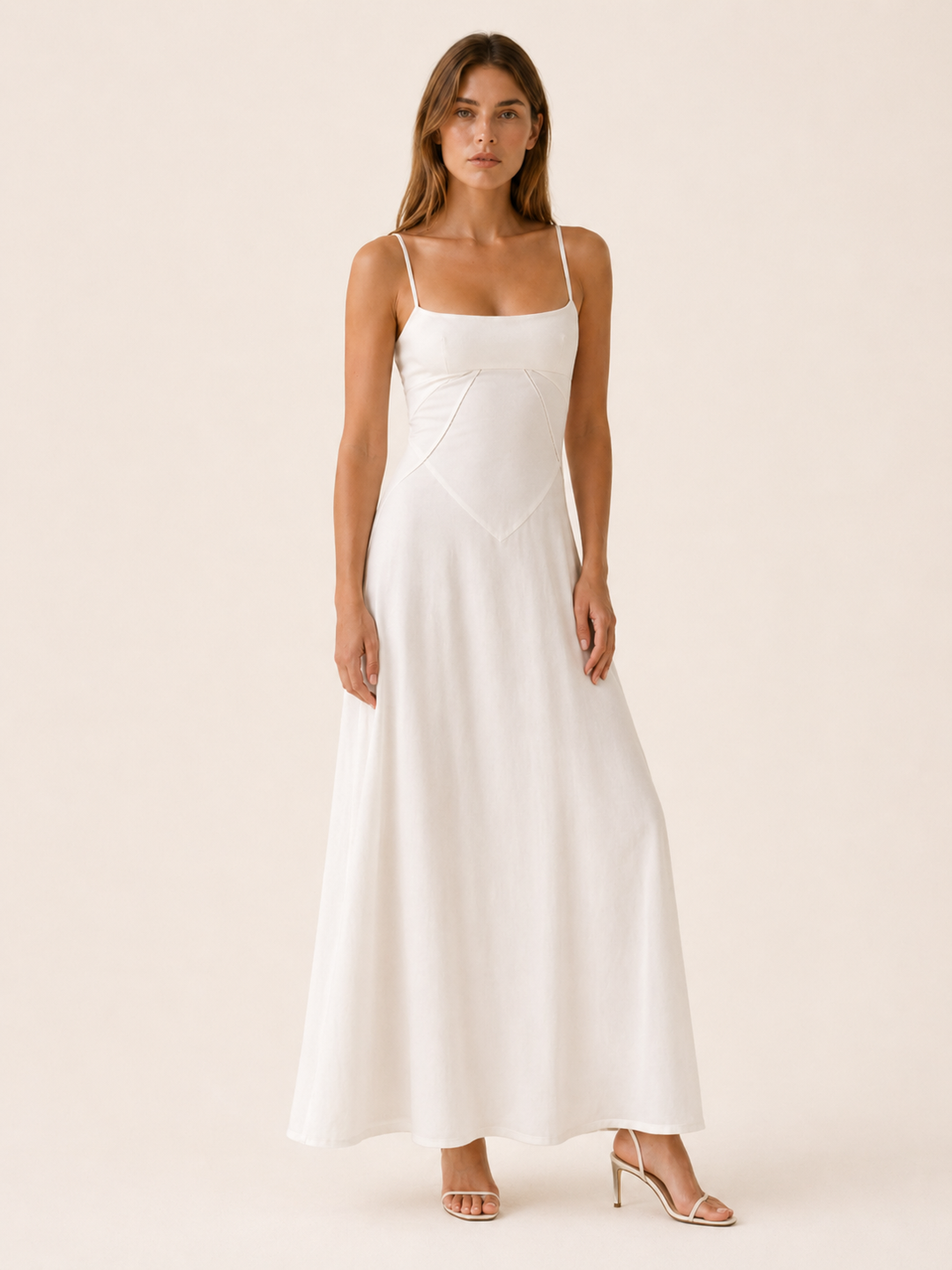 Ivory Satin Corset Maxi Dress with Lace Up Back – detail view