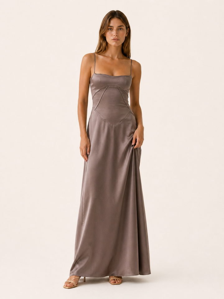Black Satin Corset Maxi Dress with Lace Up Back – full length view