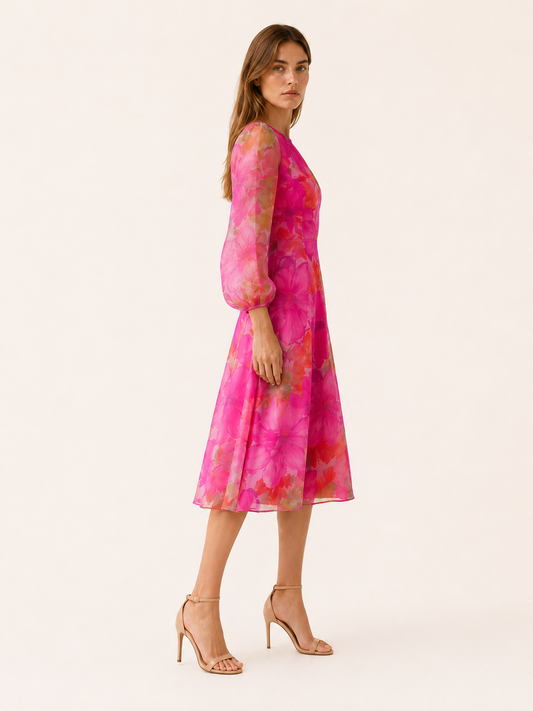 Blue Floral Midi Dress with Sheer Long Sleeves – side view