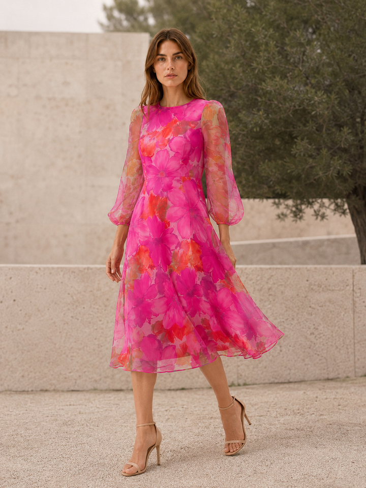 Pink Floral Midi Dress with Sheer Long Sleeves – back view