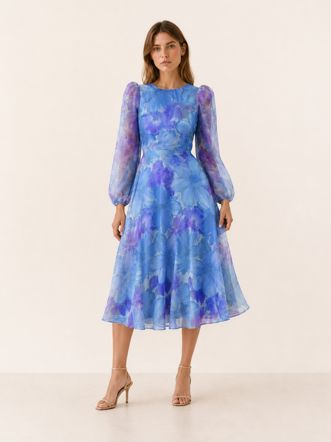 Blue Floral Midi Dress with Sheer Long Sleeves – detail view