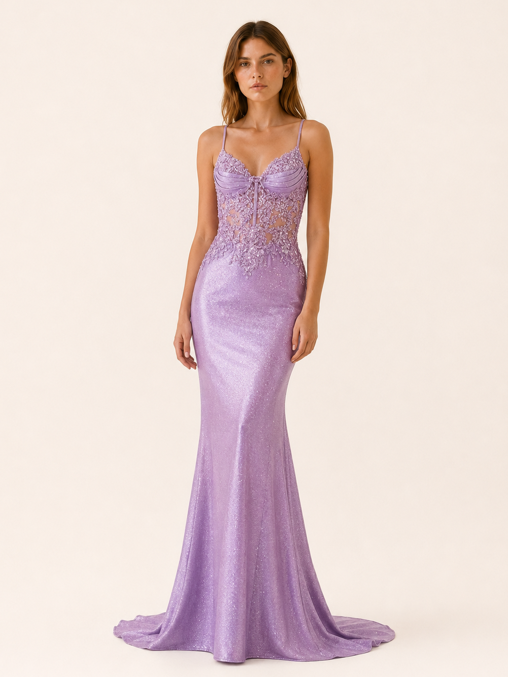 Lavender Beaded Bodice Maxi Dress with Mermaid Skirt – close-up