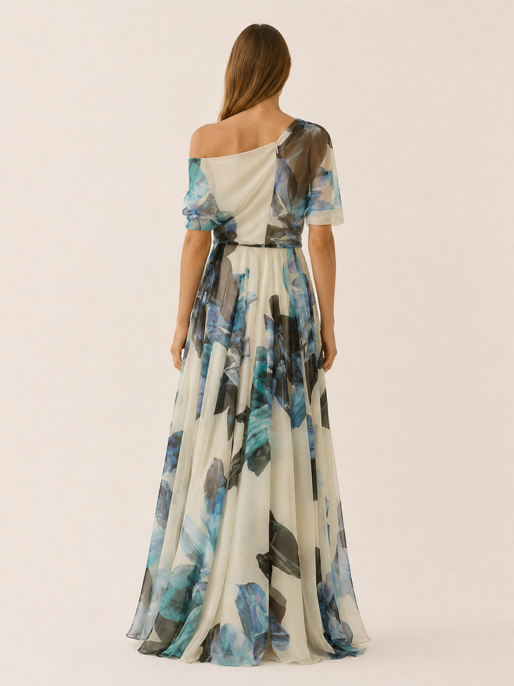 Blue Chiffon Maxi Dress with Asymmetrical Neckline – back view