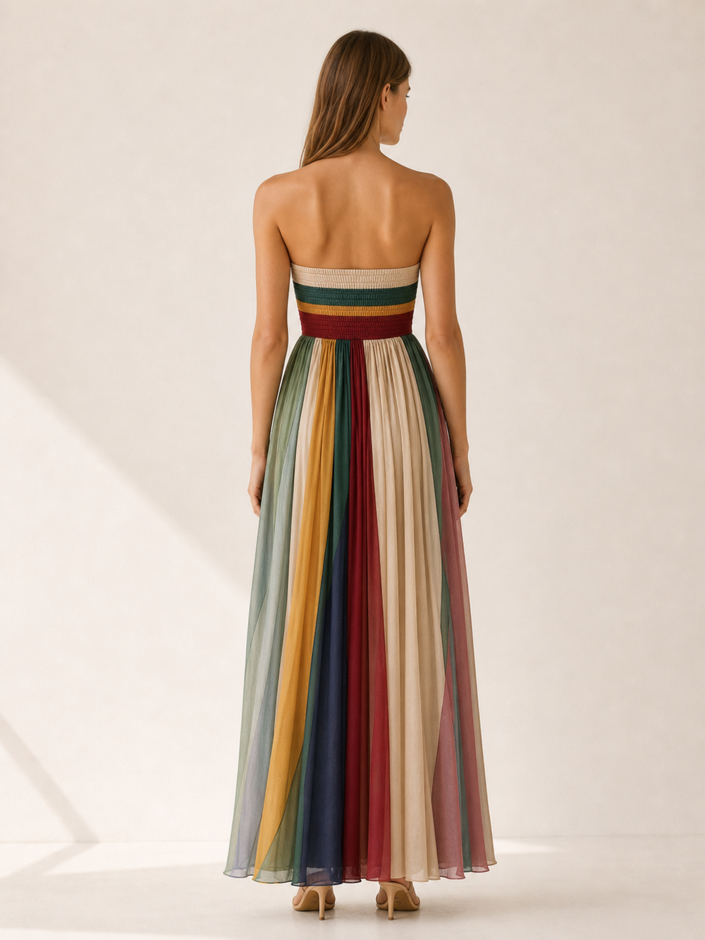Multicolour Strapless Maxi Dress with Pleated Skirt – side view