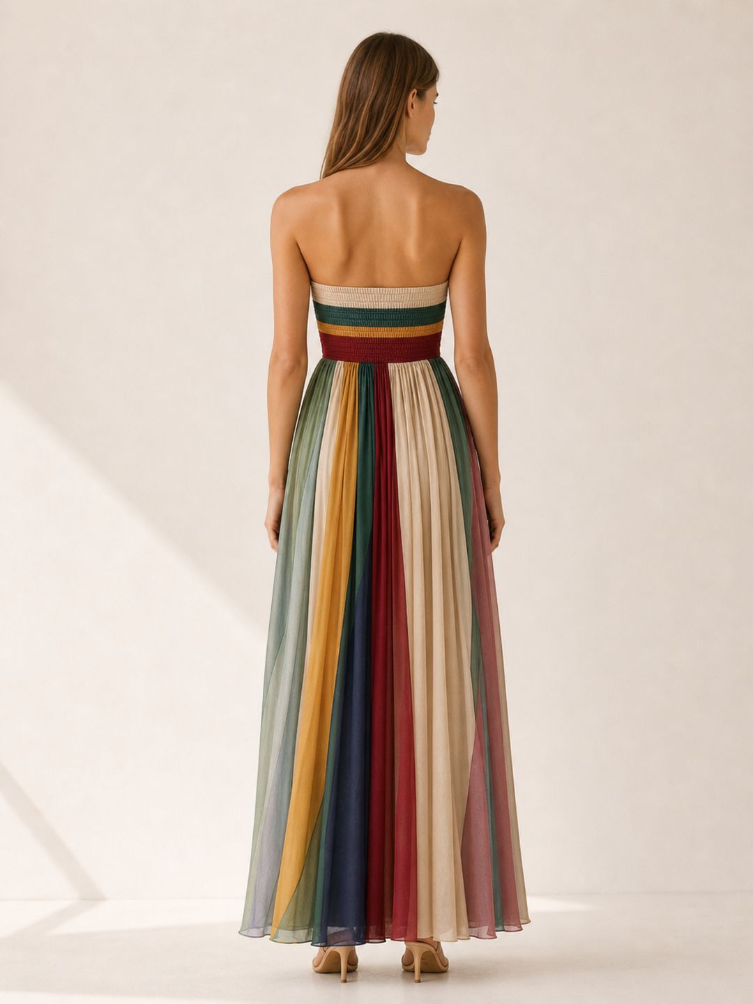 Multicolour Strapless Maxi Dress with Pleated Skirt – side view
