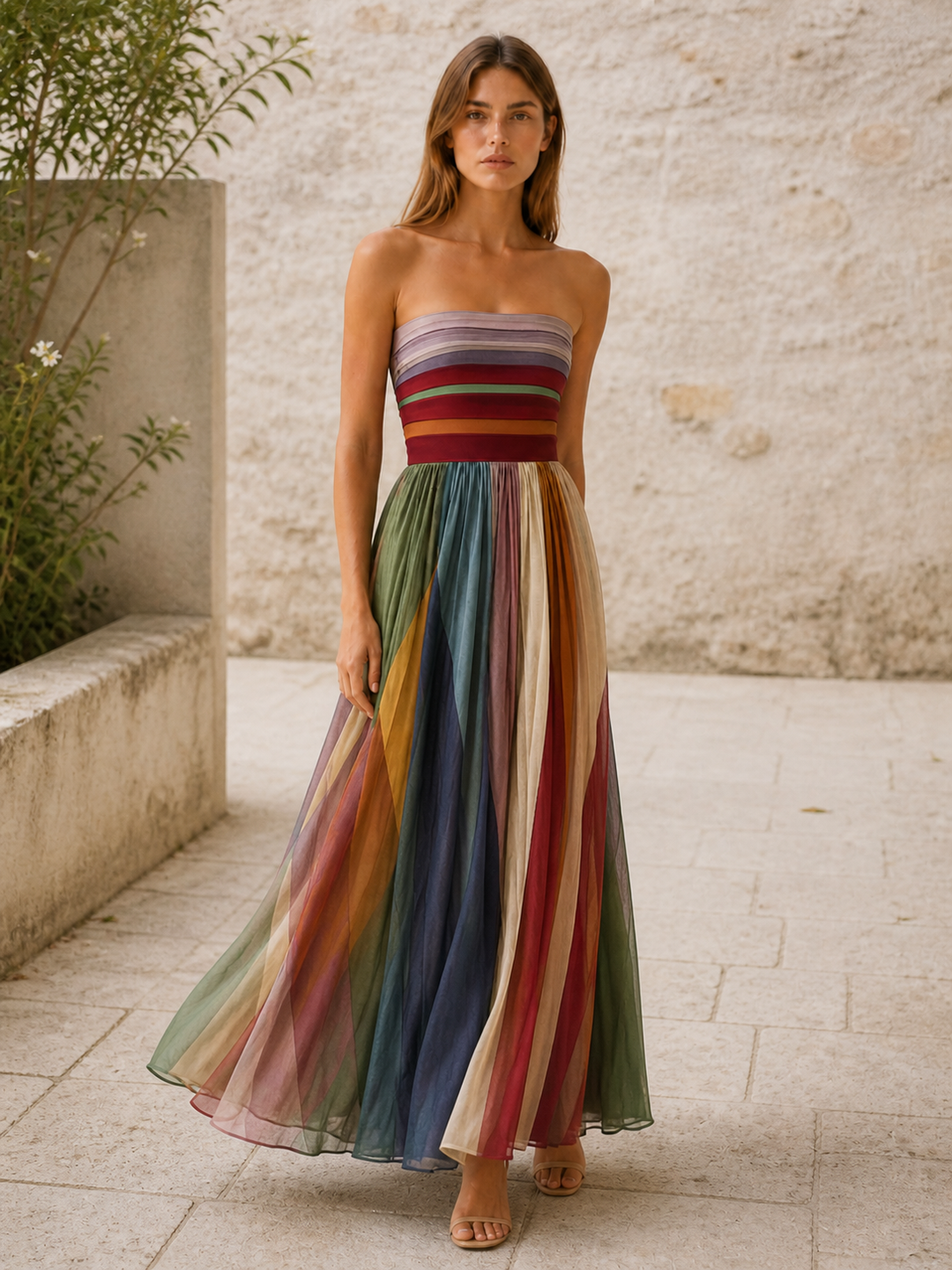 Multicolour Strapless Maxi Dress with Pleated Skirt – back view