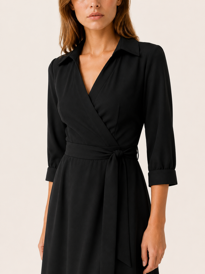 Sky Blue Wrap Midi Dress with Tie Waist and Collar – detail view