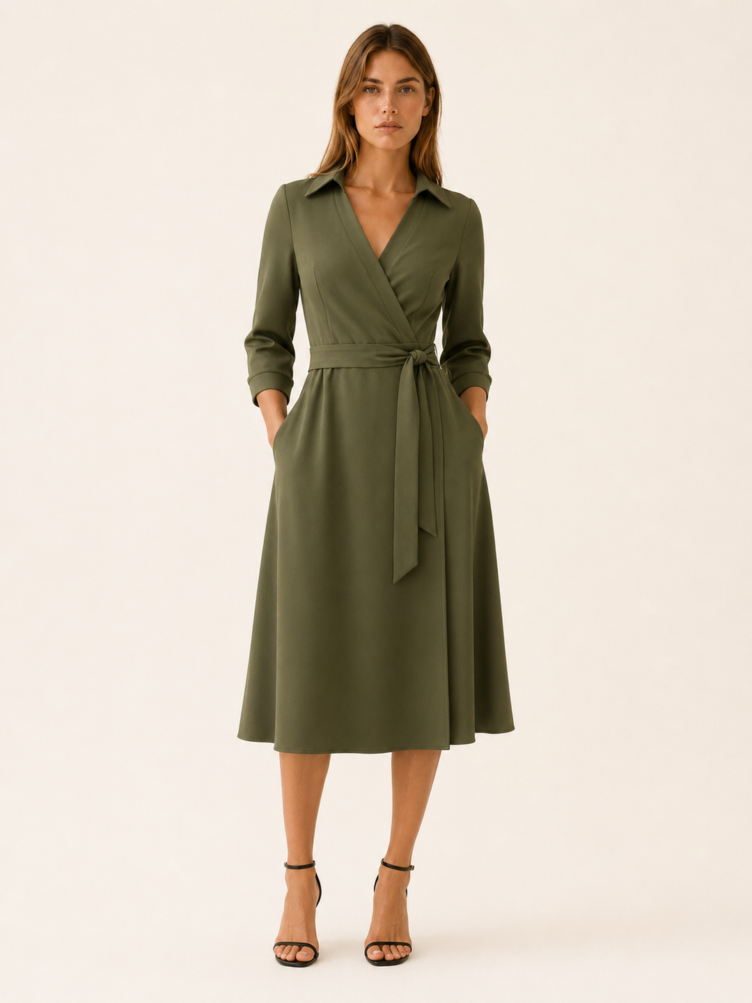 Black Wrap Midi Dress with Tie Waist and Collar – full length view