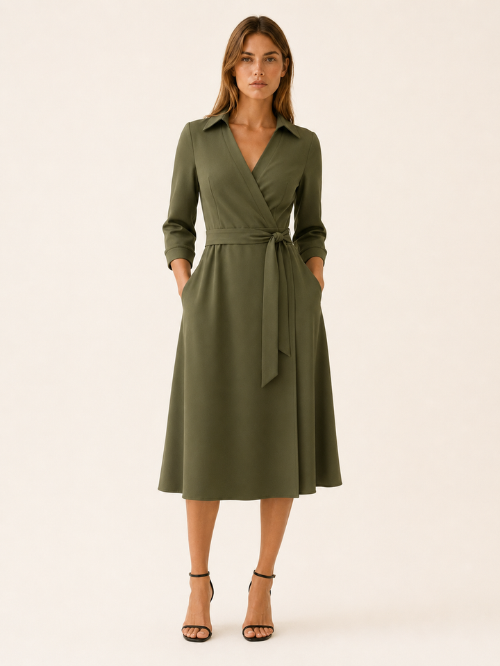 Black Wrap Midi Dress with Tie Waist and Collar – full length view