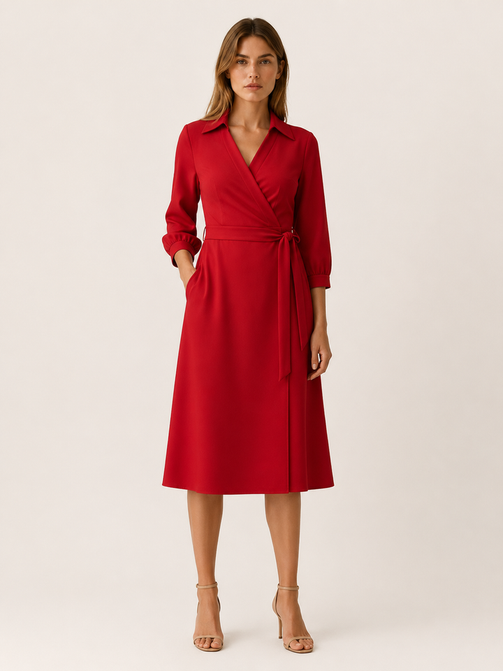Sky Blue Wrap Midi Dress with Tie Waist and Collar – angled view