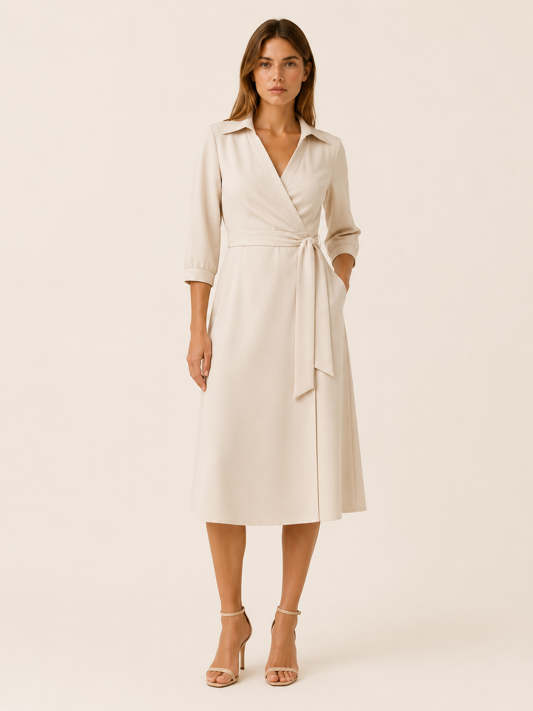 Black Wrap Midi Dress with Tie Waist and Collar – model view