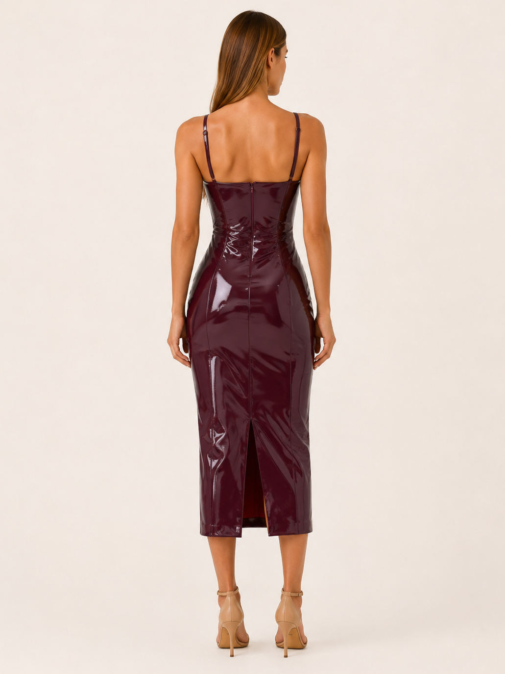 Black Vinyl Bodycon Midi Dress with Structured Cups – side view