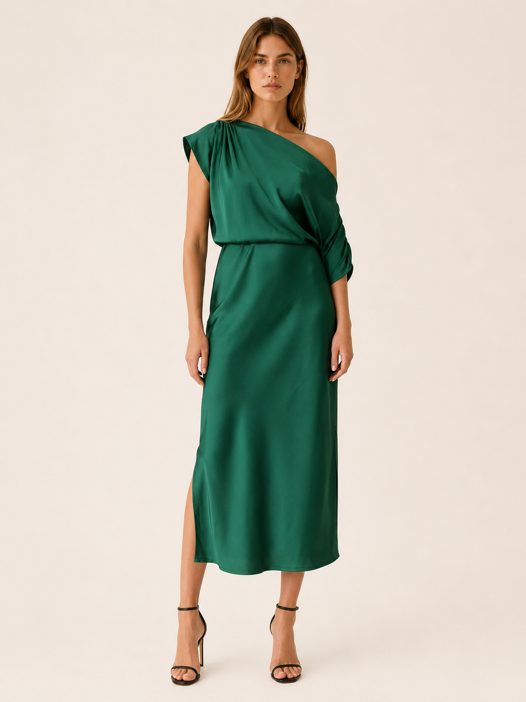 Green Asymmetrical Midi Dress with Side Slit – front view