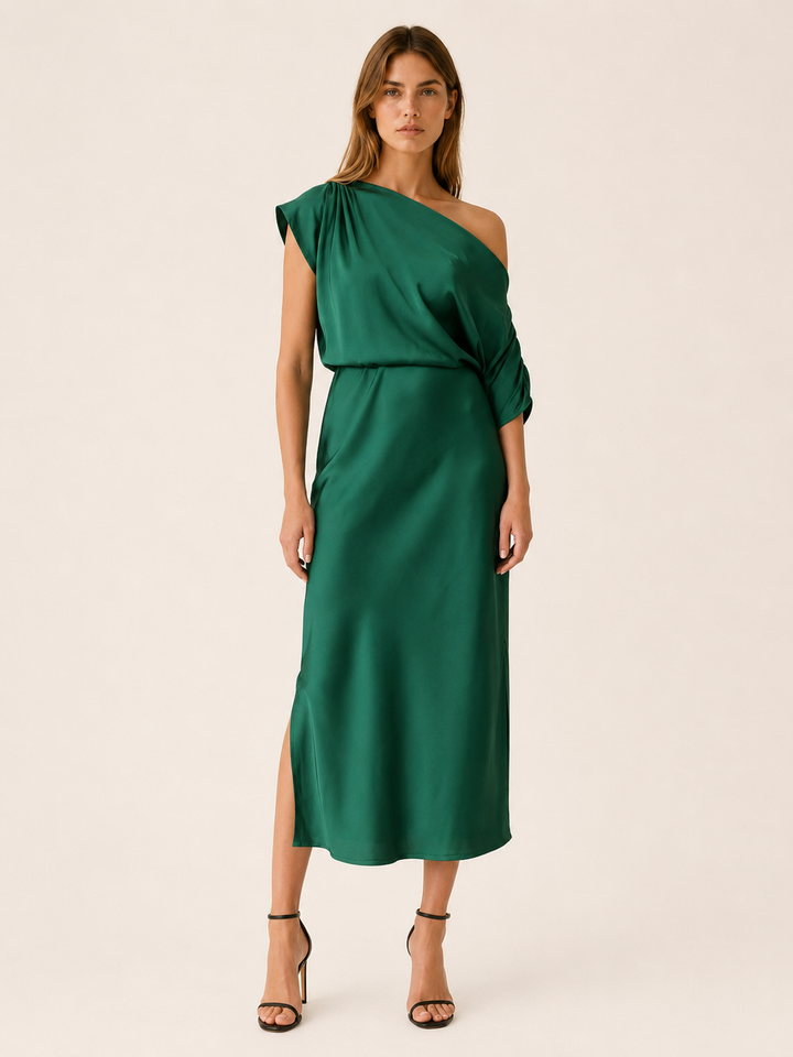 Green Asymmetrical Midi Dress with Side Slit – front view