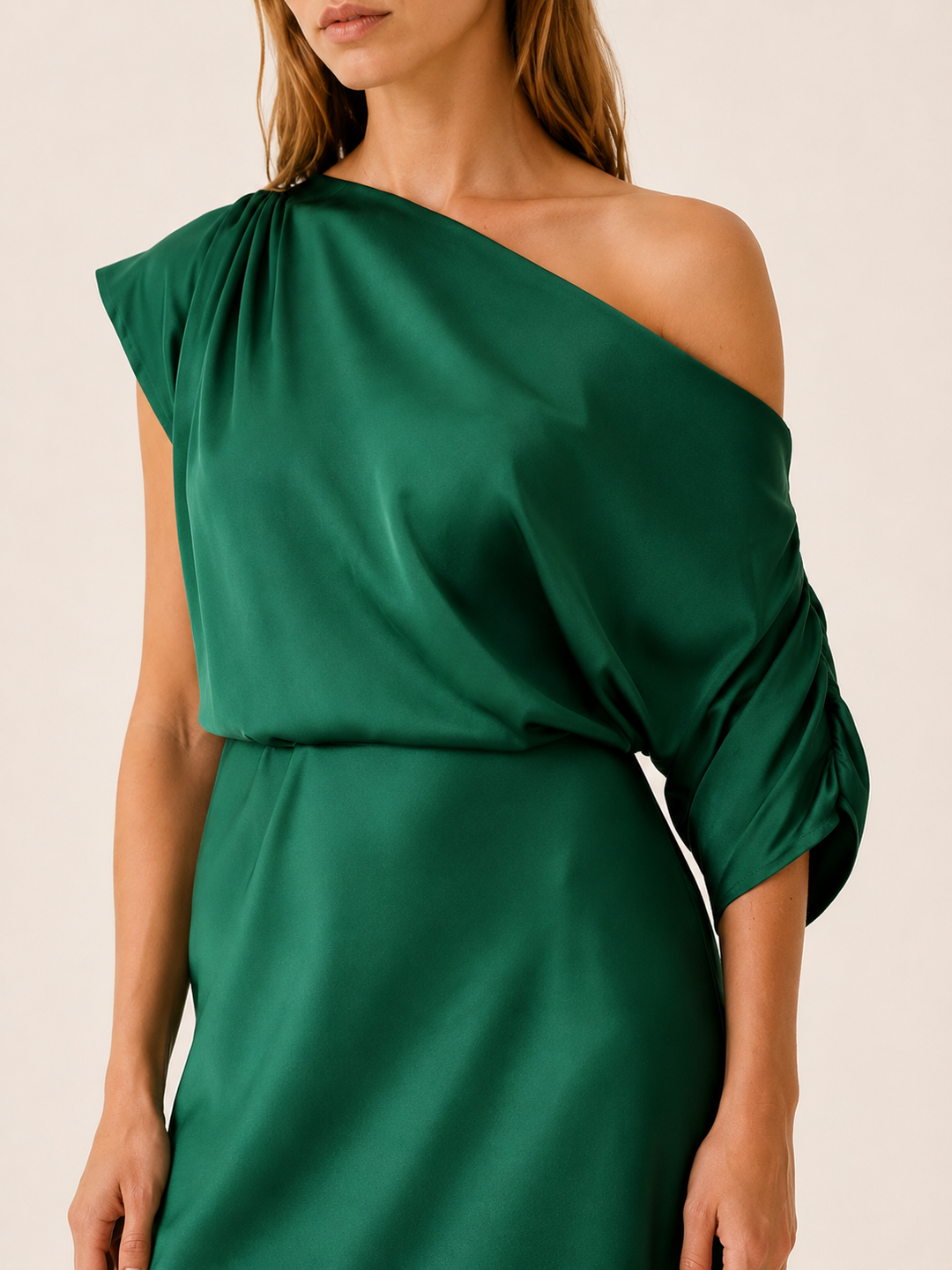 Green Asymmetrical Midi Dress with Side Slit – detail view