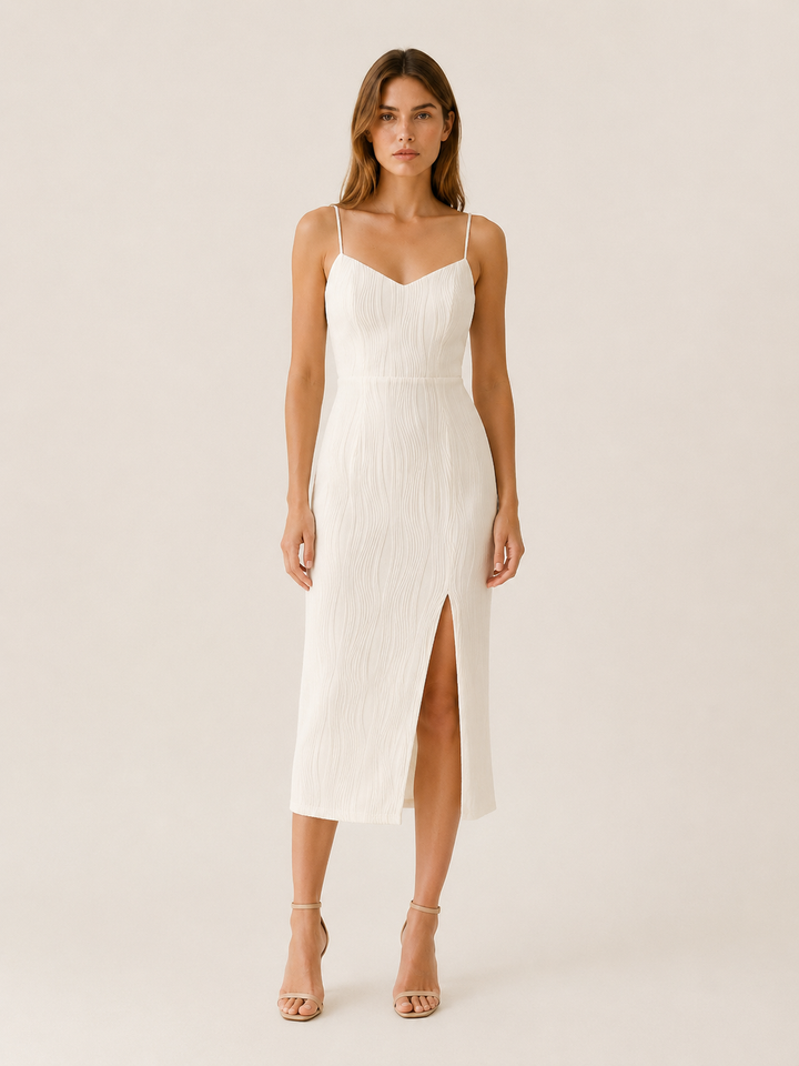 White Pearl Strap Midi Dress with Side Slit – front view