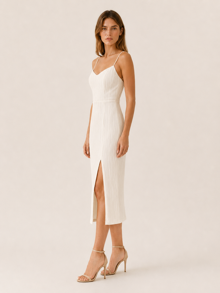 White Pearl Strap Midi Dress with Side Slit – side view