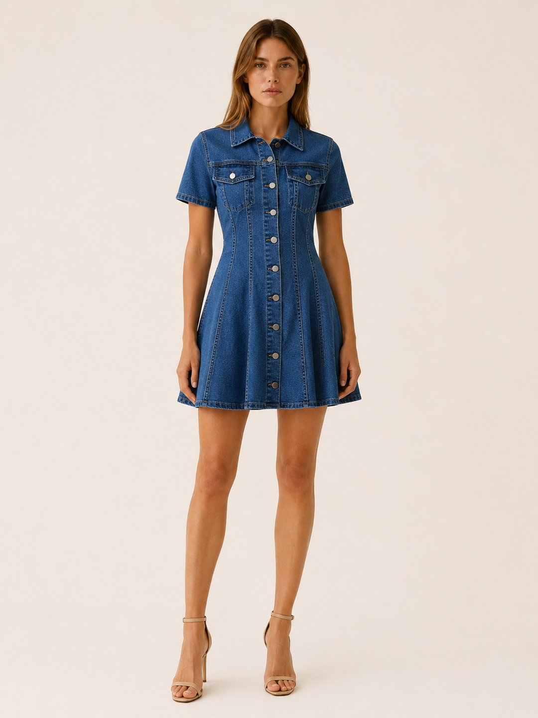 Dark Blue Denim Mini Dress with Button Front – front view