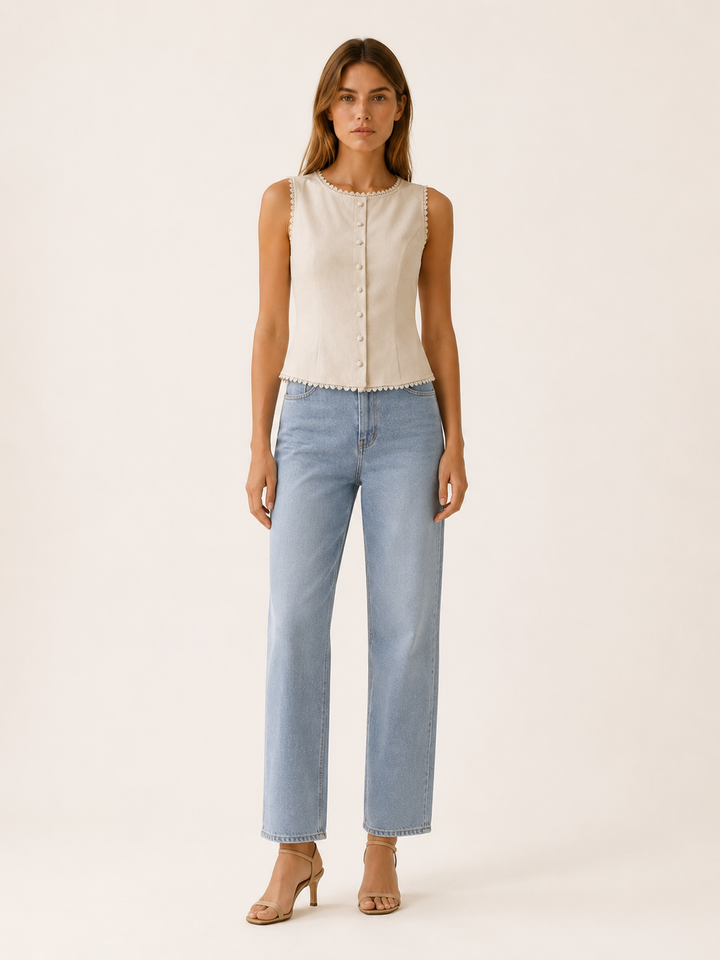 Apricot Button Vest with Boat Neck and Lace Trim – front view