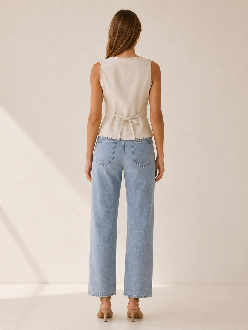 Apricot Button Vest with Boat Neck and Lace Trim – side view