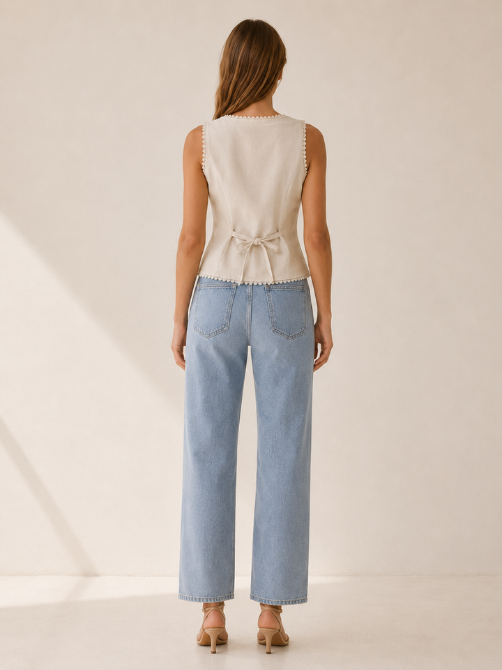 Apricot Button Vest with Boat Neck and Lace Trim – side view