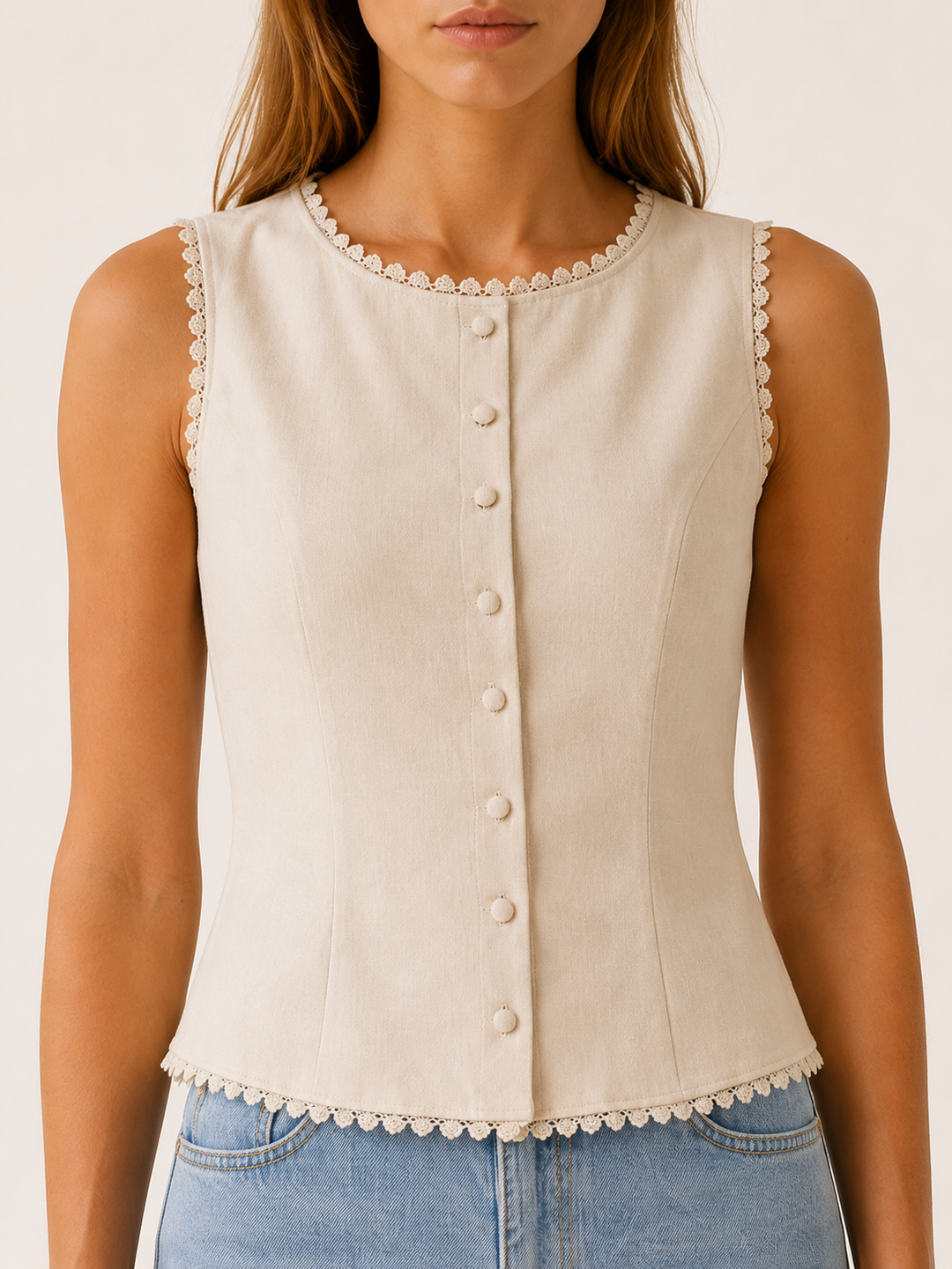 Apricot Button Vest with Boat Neck and Lace Trim – detail view