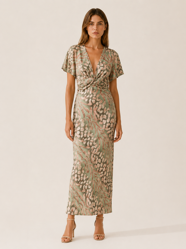 Green V-Neck Maxi Dress with Elegant Draping – front view