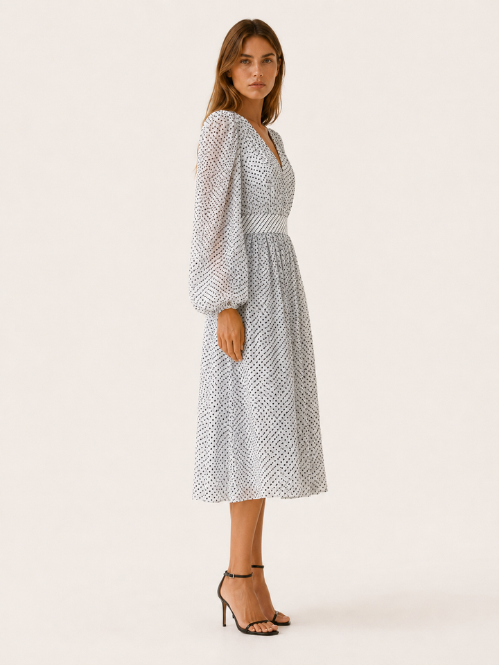 Khaki Polka Dot Midi Dress with V Neck and Balloon Sleeves – side view
