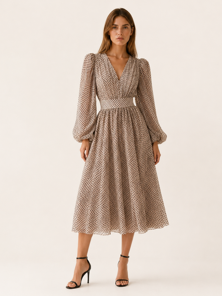 White Polka Dot Midi Dress with V Neck and Balloon Sleeves – close-up