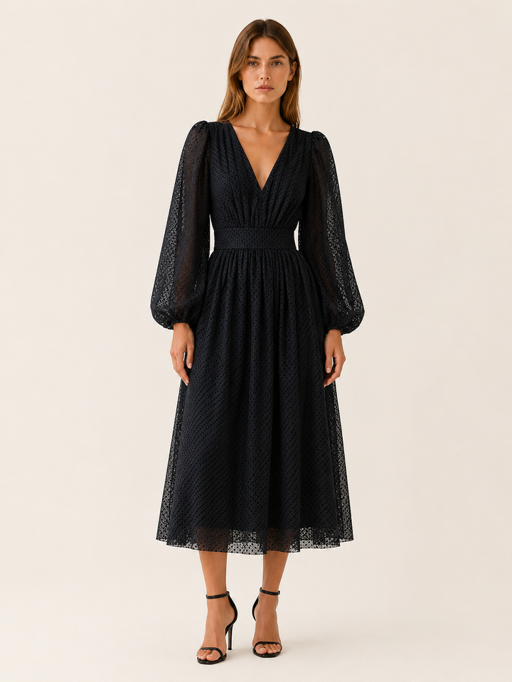 Khaki Polka Dot Midi Dress with V Neck and Balloon Sleeves – lifestyle