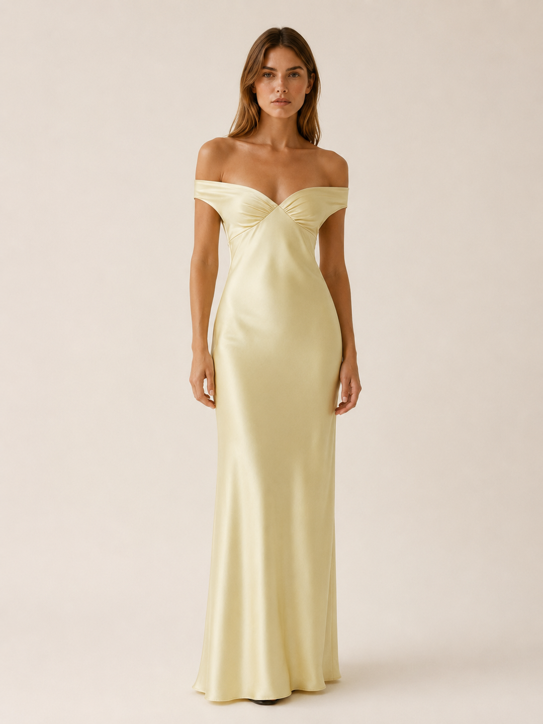 Yellow Off Shoulder Maxi Dress with Fitted Bodice – front view