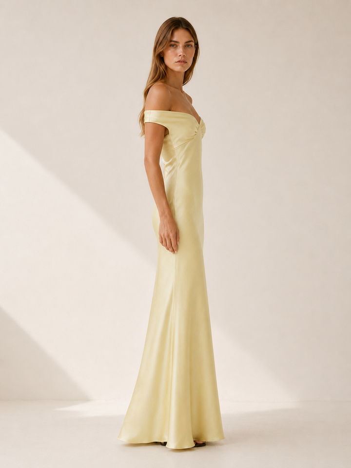 Yellow Off Shoulder Maxi Dress with Fitted Bodice – side view