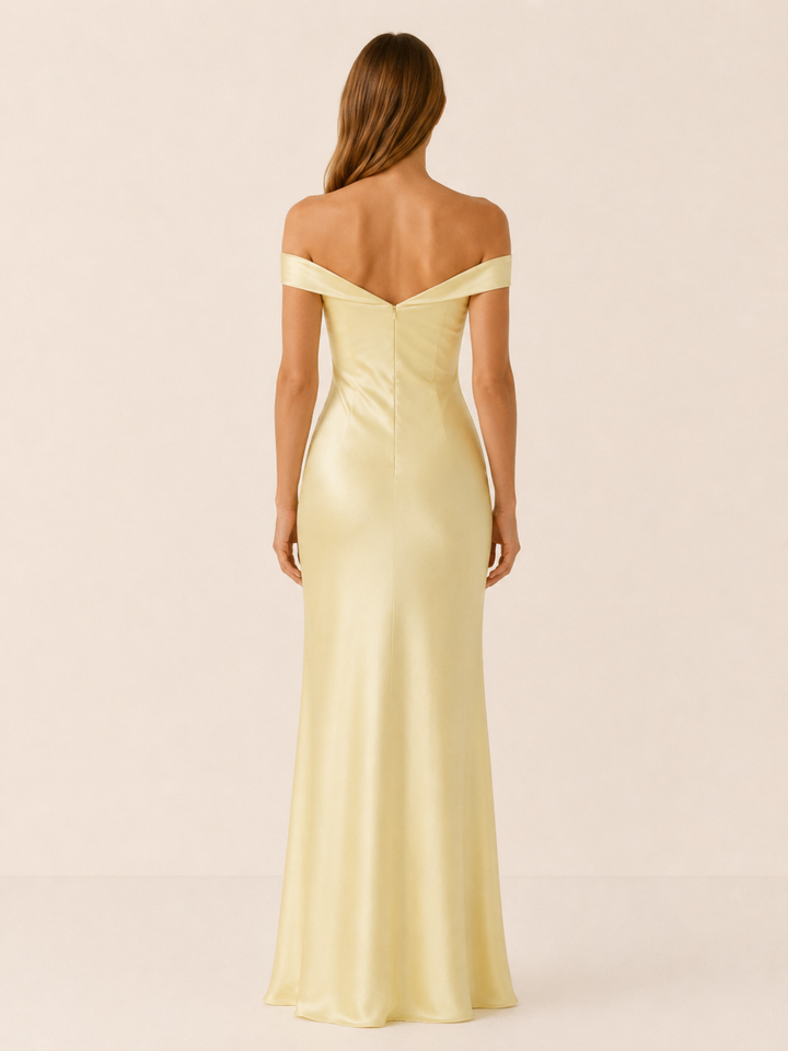 Yellow Off Shoulder Maxi Dress with Fitted Bodice – back view