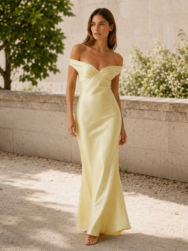 Yellow Off Shoulder Maxi Dress with Fitted Bodice – close-up