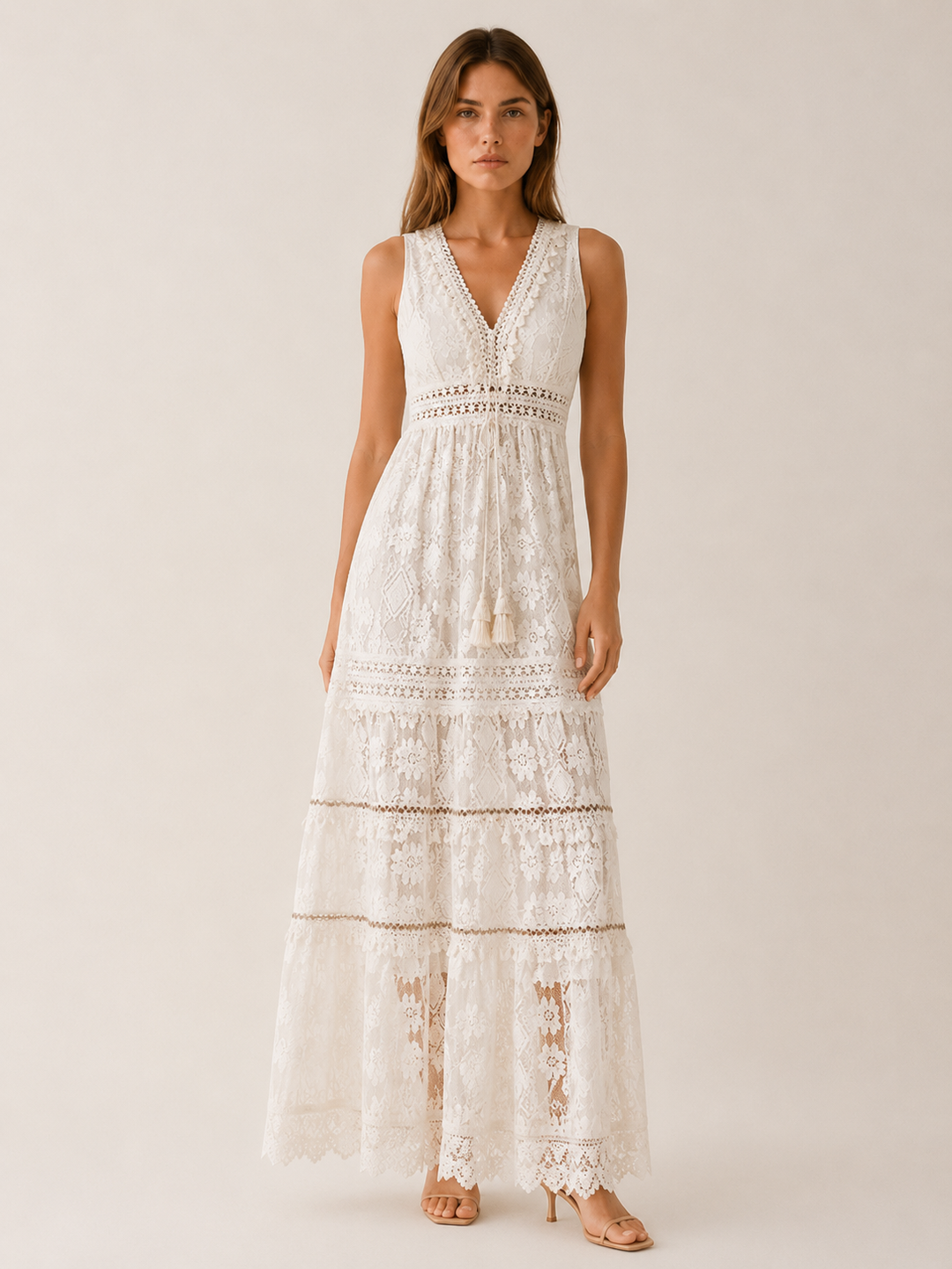Beige Bohemian Maxi Dress with Lace Detail – front view
