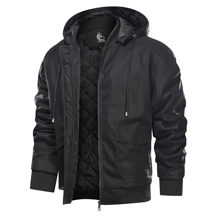Black Marziano leather jacket, front view on model