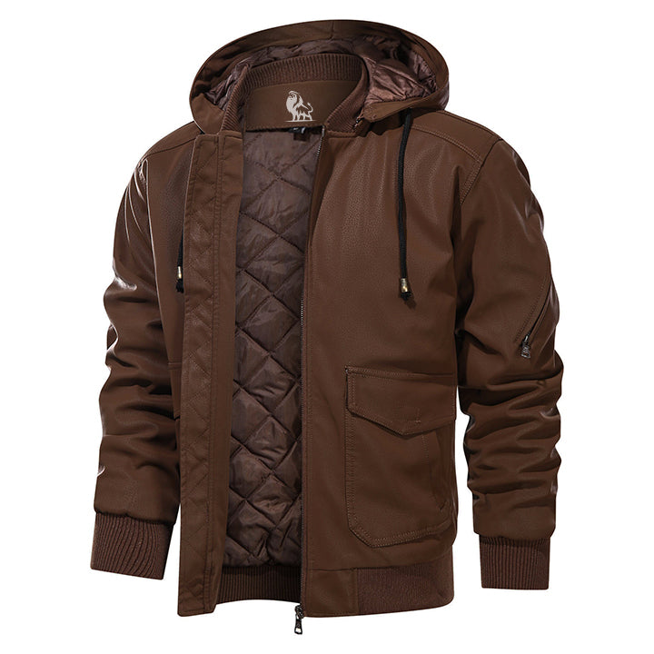 Saddle Brown Marziano leather jacket, front view on model
